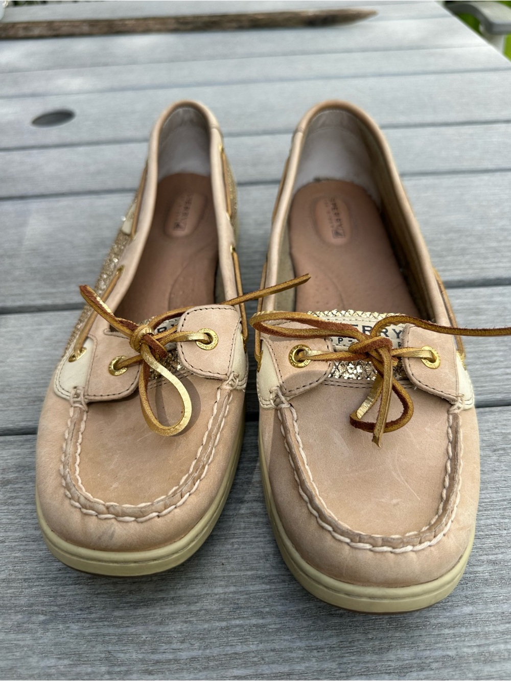 Sperry Gold-Trimmed Beige Leather Boat Shoes